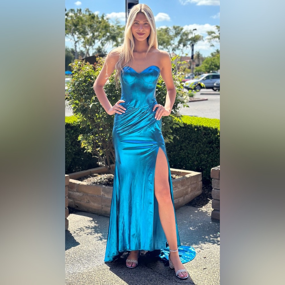Sherri Hill Strapless Metallic Blue Dress